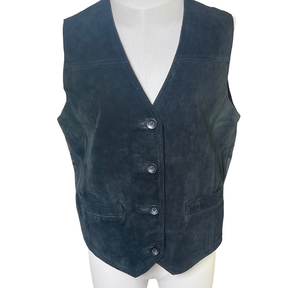 90s‎ Kathy Ireland Black Leather Vest Button Front Lined Womens L